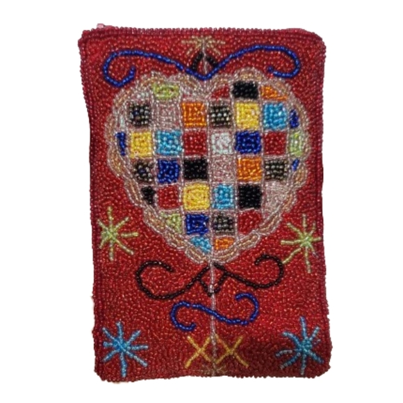 Beaded Heart Pattern Clutch Purse Bag Pouch Red Multicolor Beaded Boho Goth - Picture 1 of 11